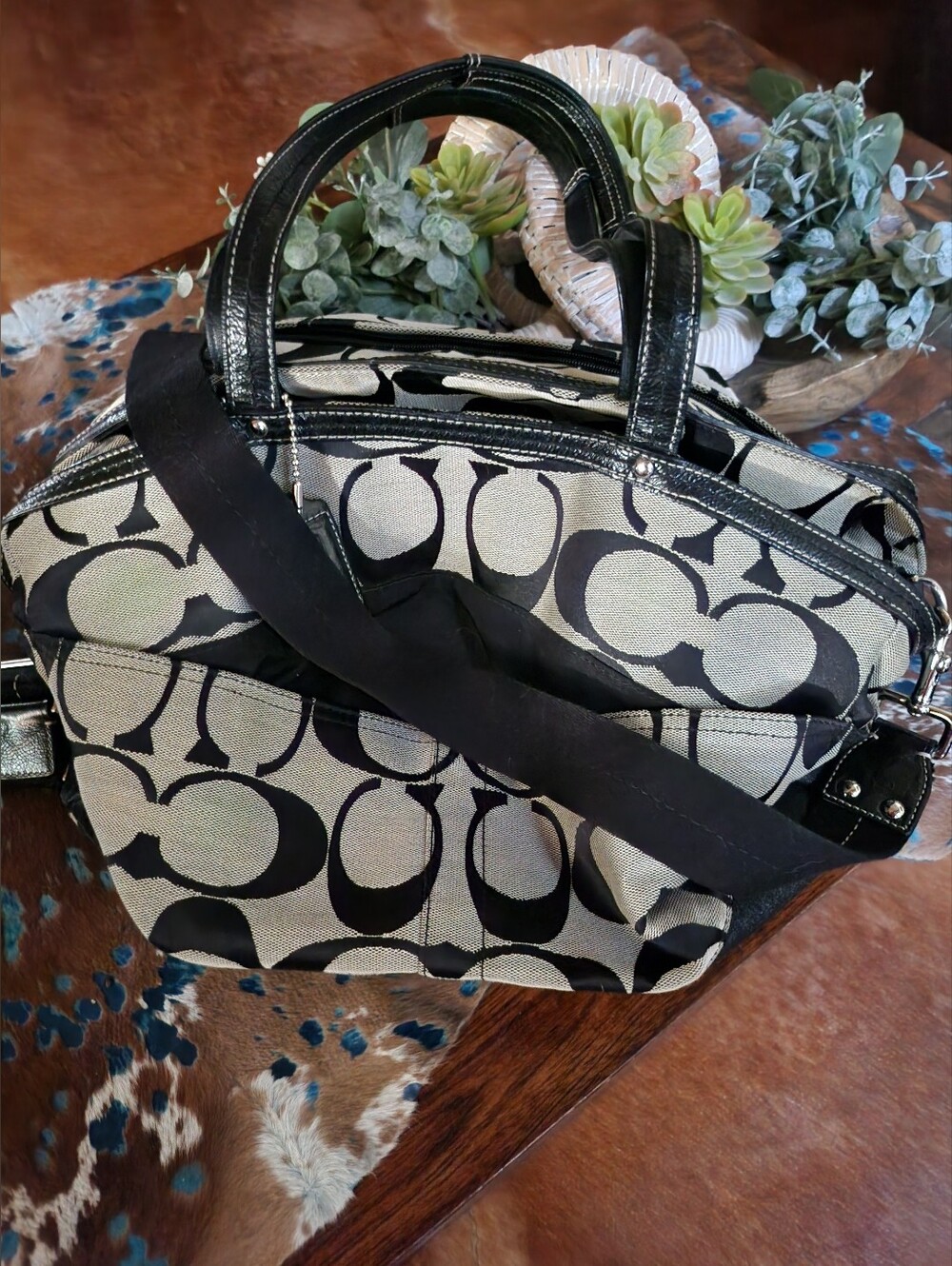Coach Black and Beige Signature Satchel with Crossbody Strap